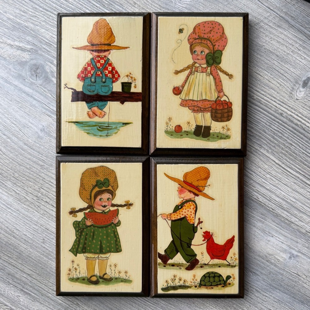 Vintage Ardi Wooden Plaques Set of 4 Country Kids Wall Art 4x6 Grannycore Decor